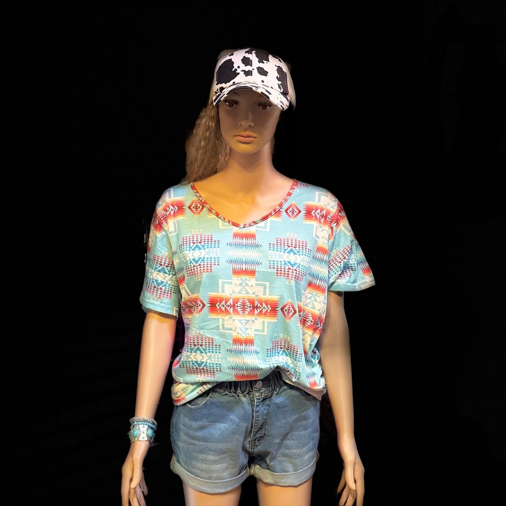 Vibrant Geometric V-Neck Tee - Multicolor